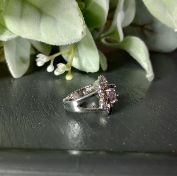 Amethyst Cocktail Ring Sterling Silver Heart Cluster CZ Floral Wedding Ring SZ 6